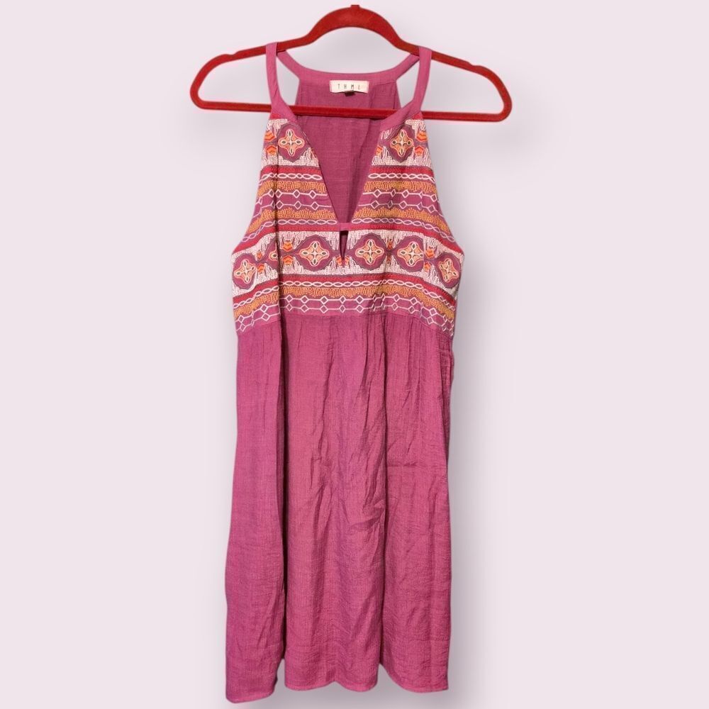 THML Women Large Sleeveless Boho Embroidered Lined Vneck Purple Mini Dress | EUC